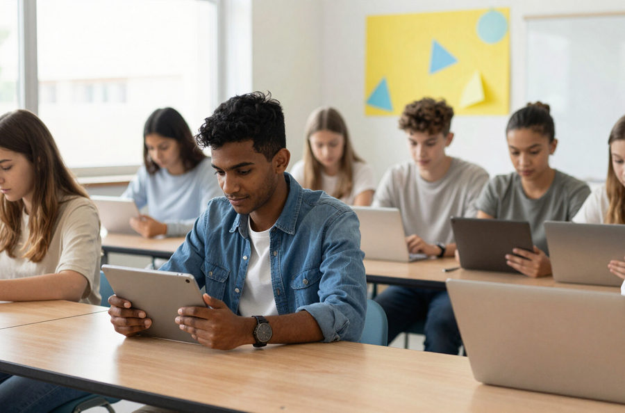 Students studying with technology