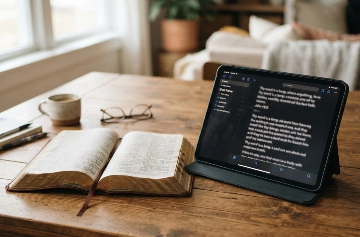 A Bible and iPad on a wooden desk